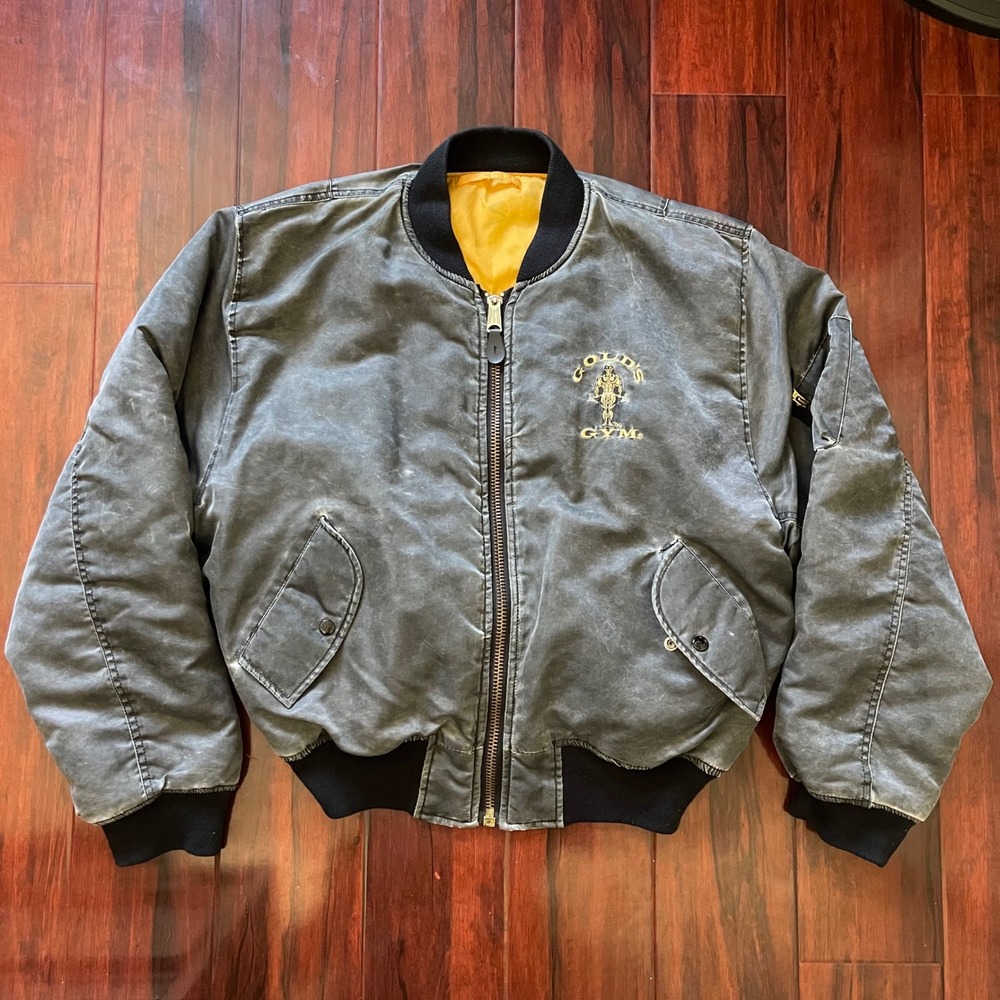 Vintage Gold's Gym MA-1 Bomber Jacket 90s Gray Embroidered Military Men's Large
